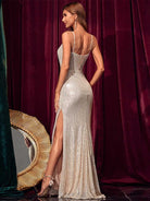 Elegant Sequin Mermaid Slip Dress with V-Neck and High-Slit