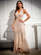 High-Waist Sequin V-Neck Ruffle Champagne Evening Gown