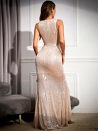 Elegant Champagne Evening Gown - Sequin V-Neck with Ruffles and High-Waist