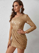 Ruched One-Shoulder Sequin High-Waist Party Dress - Champagne