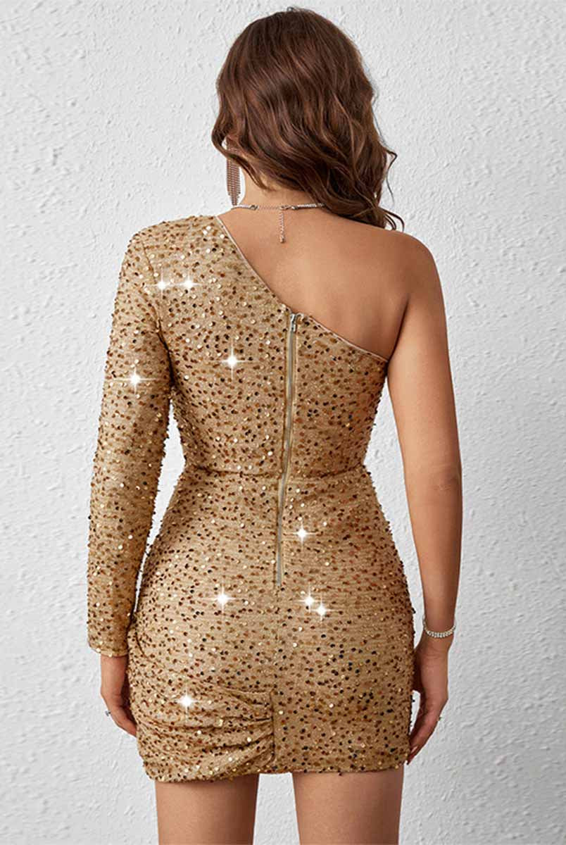 Party Dress - Champagne One-Shoulder Ruched Sequin High-Waist