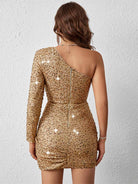 Party Dress - Champagne One-Shoulder Ruched Sequin High-Waist
