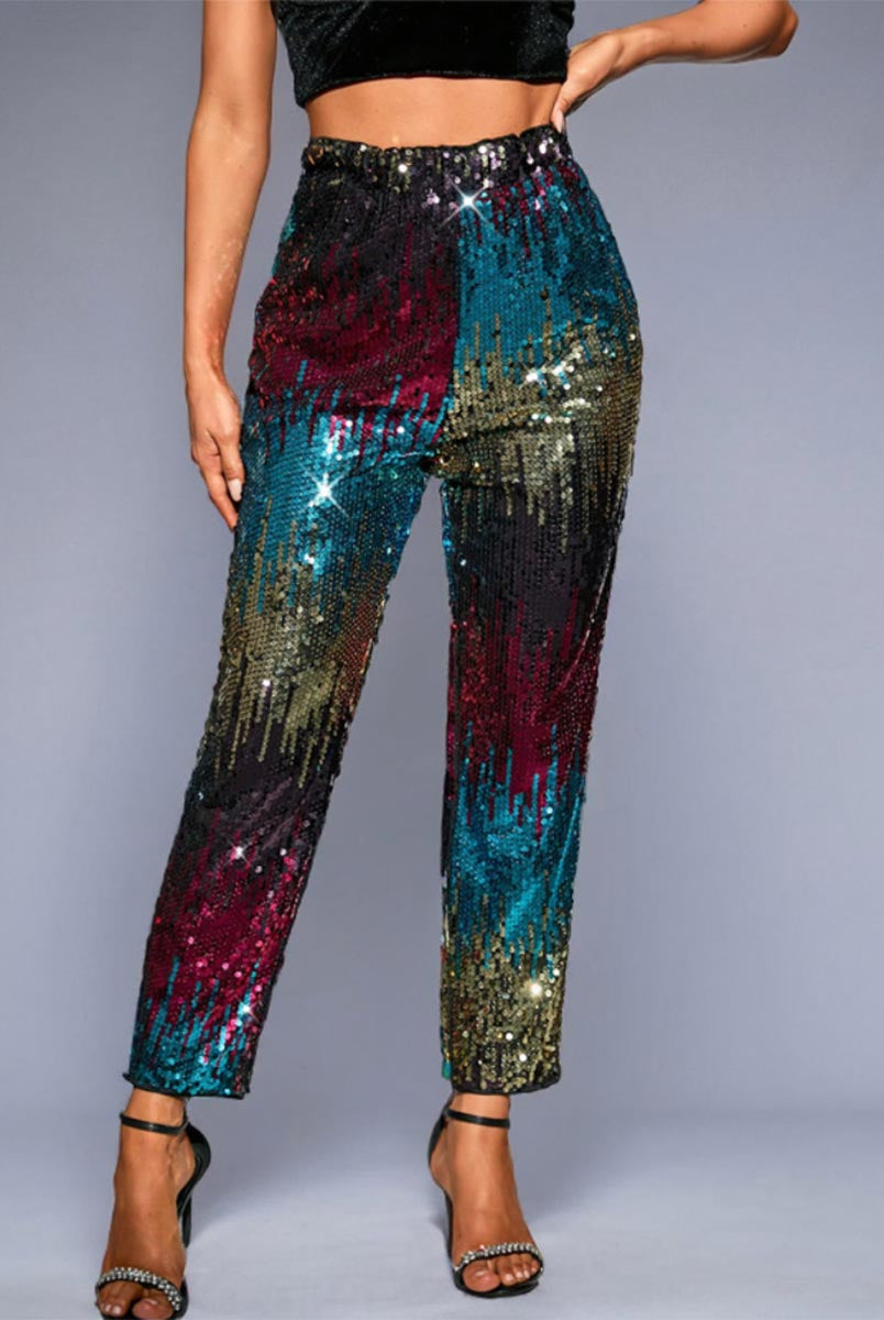Sequin Multicolor High-Waisted Straight-Leg Pants