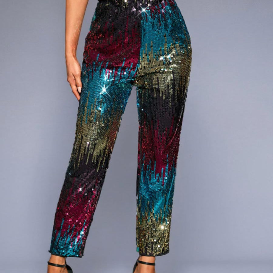 Sequin Multicolor High-Waisted Straight-Leg Pants
