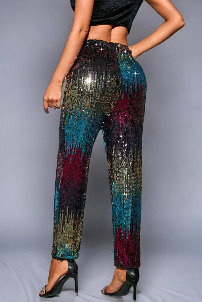 High-Waisted Multicolor Sequin Straight-Leg Pants