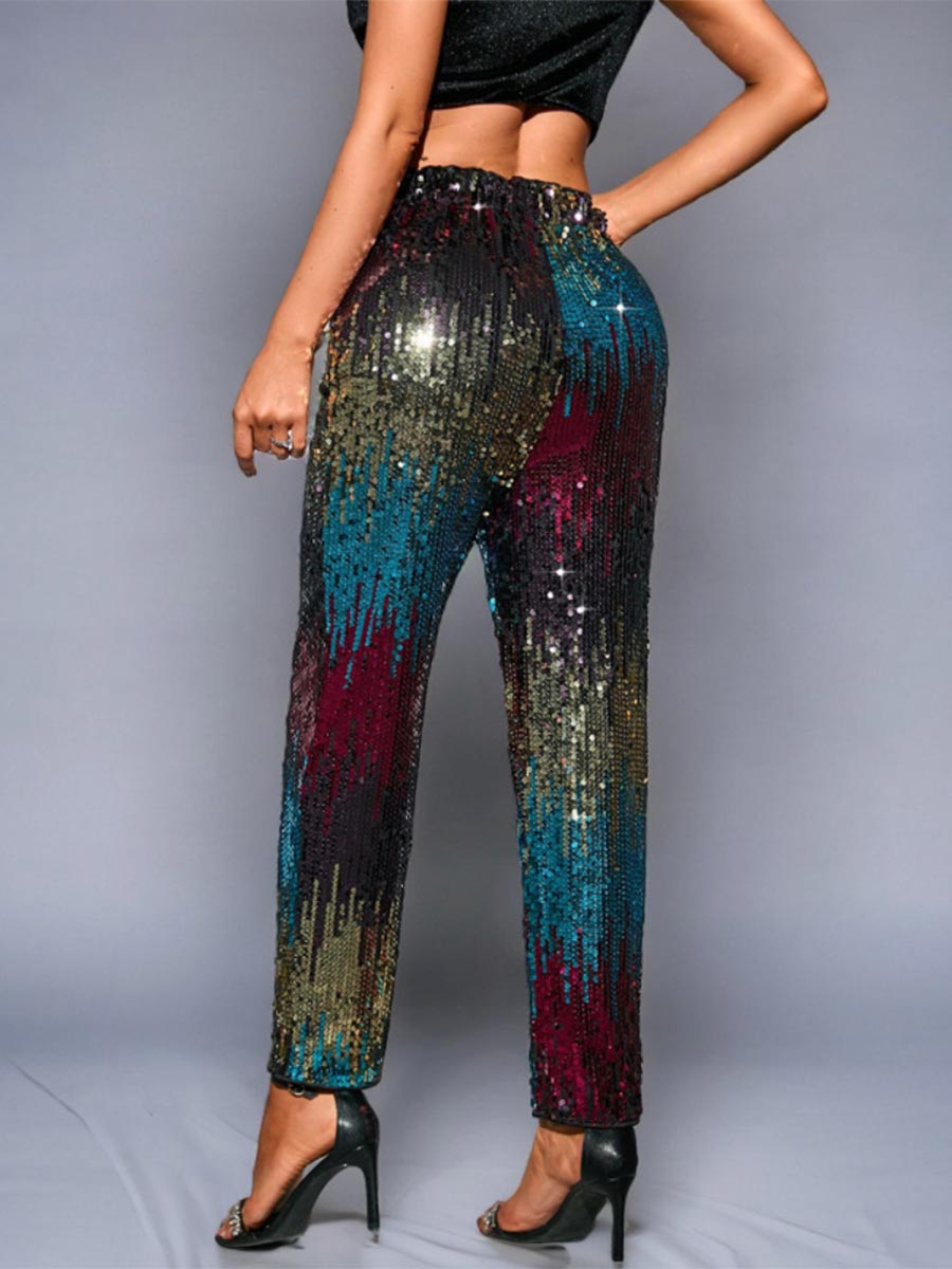 High-Waisted Multicolor Sequin Straight-Leg Pants
