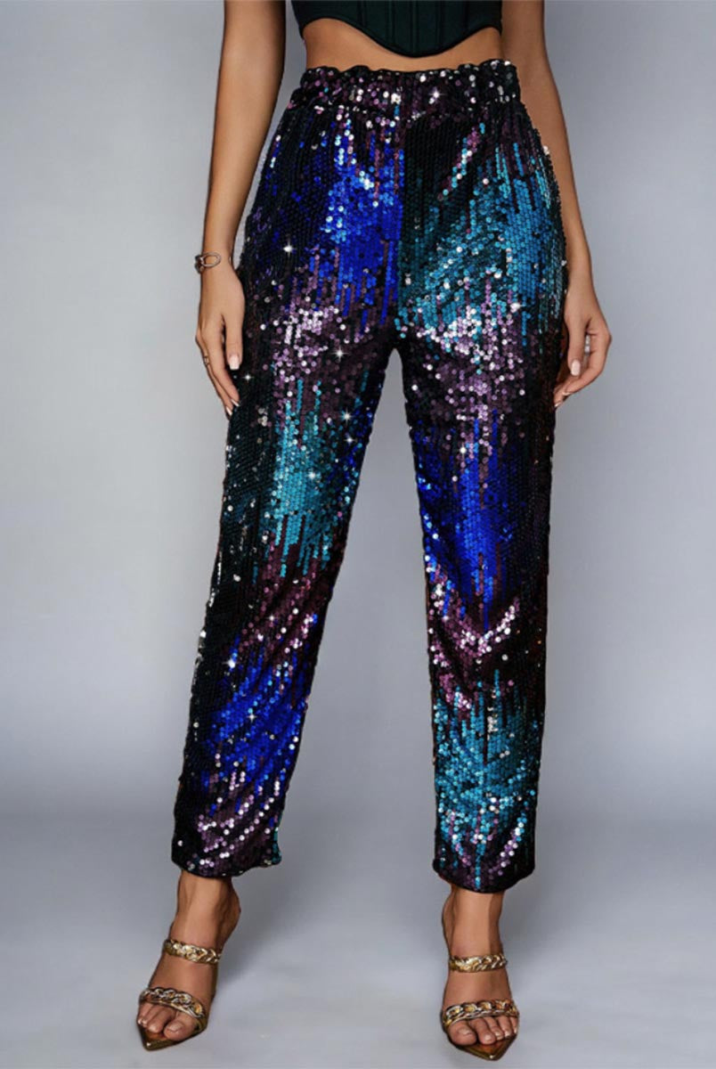 Straight-Leg Multicolor Sequin High-Waisted Pants