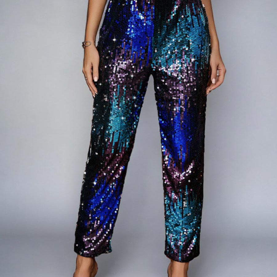 Straight-Leg Multicolor Sequin High-Waisted Pants