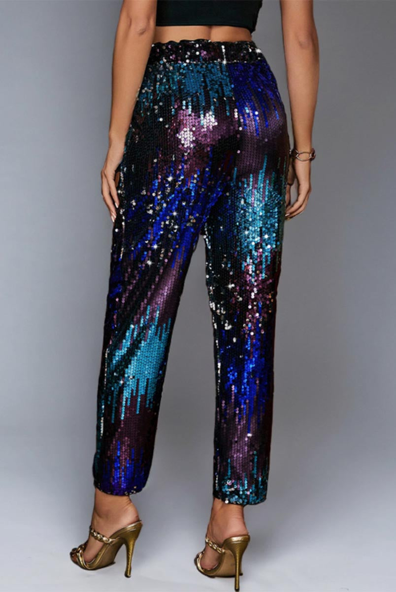 Multicolor Pants - Sequin High-Waisted Straight-Leg