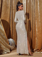 Sequin Apricot Long Sleeve Cutout High Slit Evening Gown