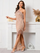 High-Waisted Sequin Fringe Front Slit Champagne Maxi Dress
