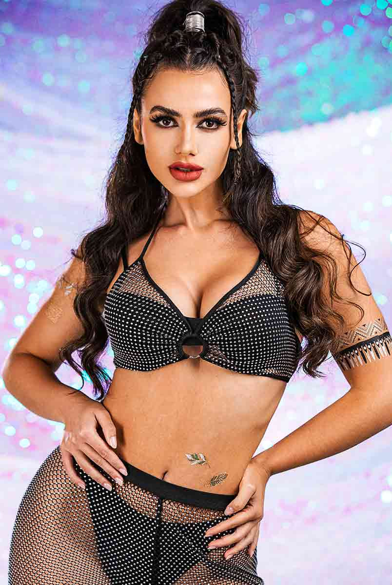 Rhinestone Mesh Bra Set