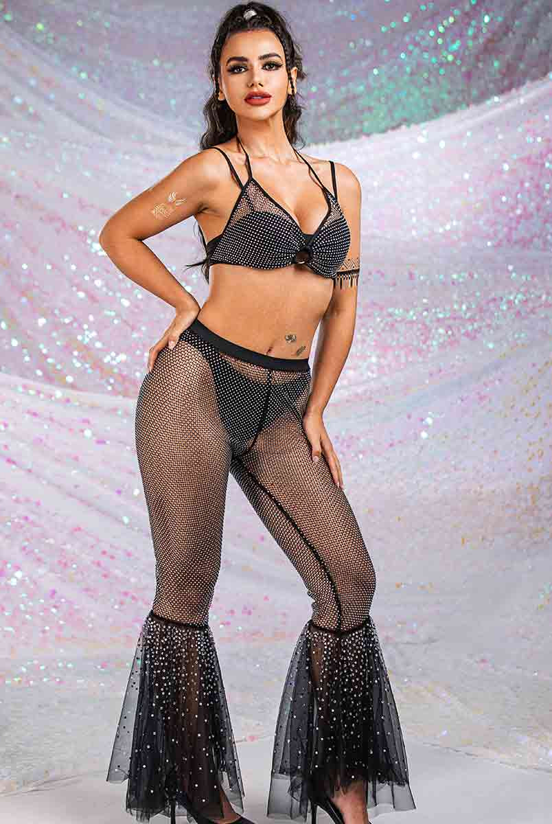 Crystal mesh lace flared pants suit