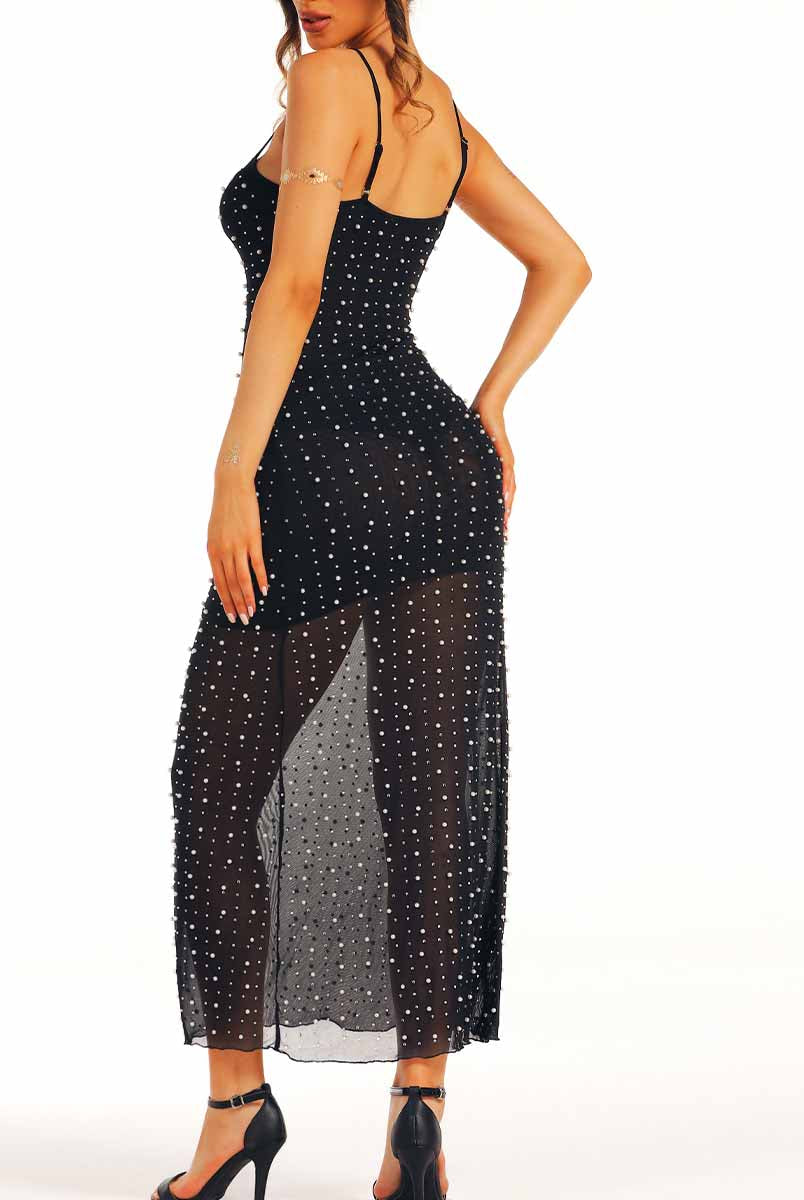 Black long suspender dress with rhinestones