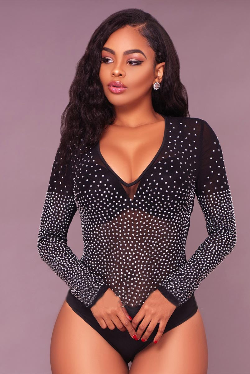 Black Rhinestone Sheer Mesh V-Neck Top