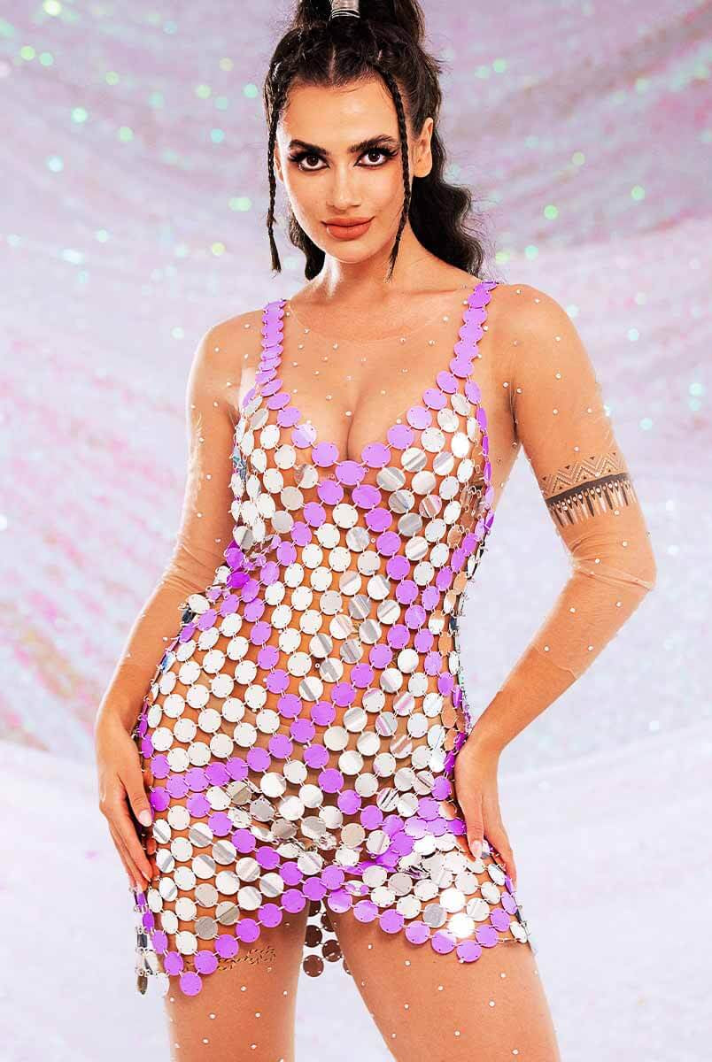 Silver-Purple Disc Embellished Dress
