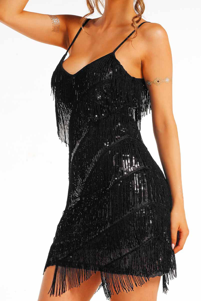 bohemian black sequin fringe dress