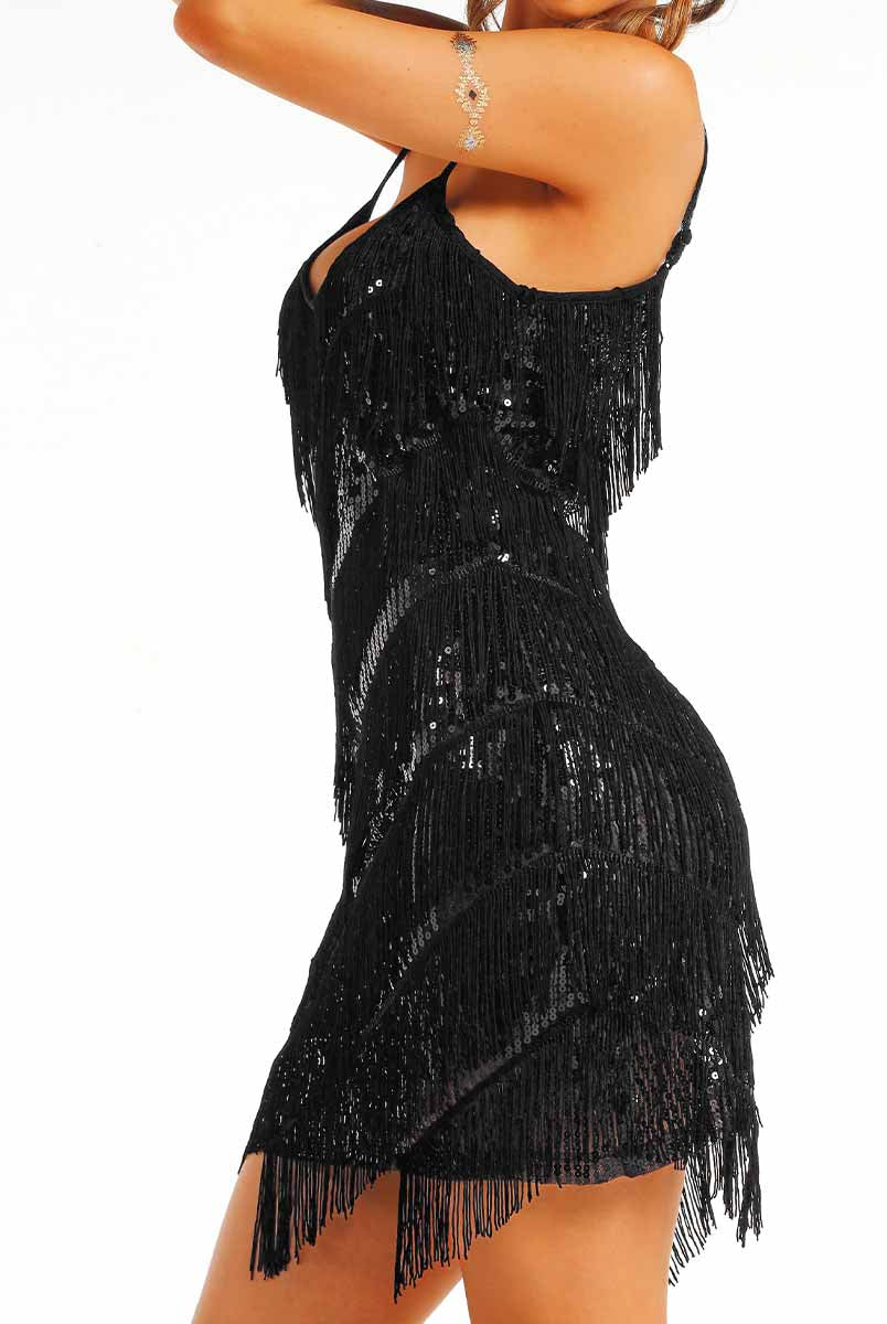black sequin tassel dress