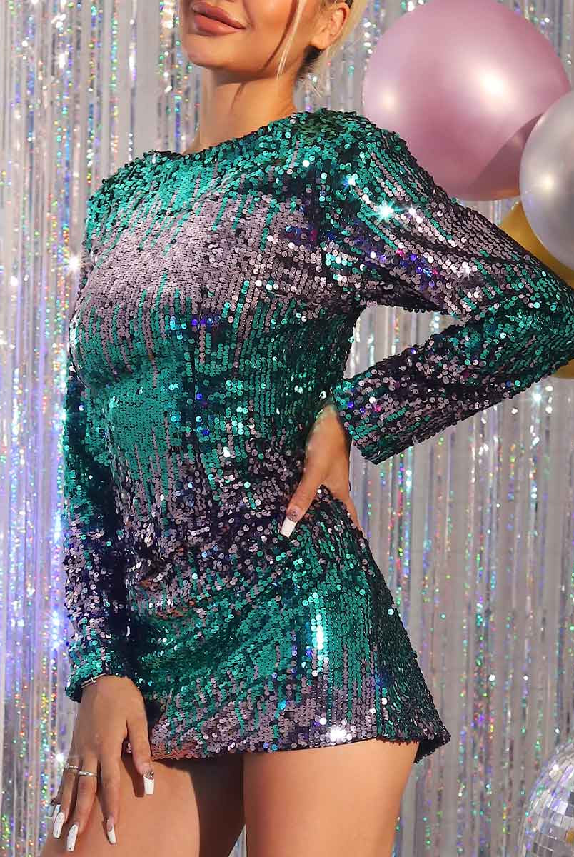 long sleeve backless green sequin dress