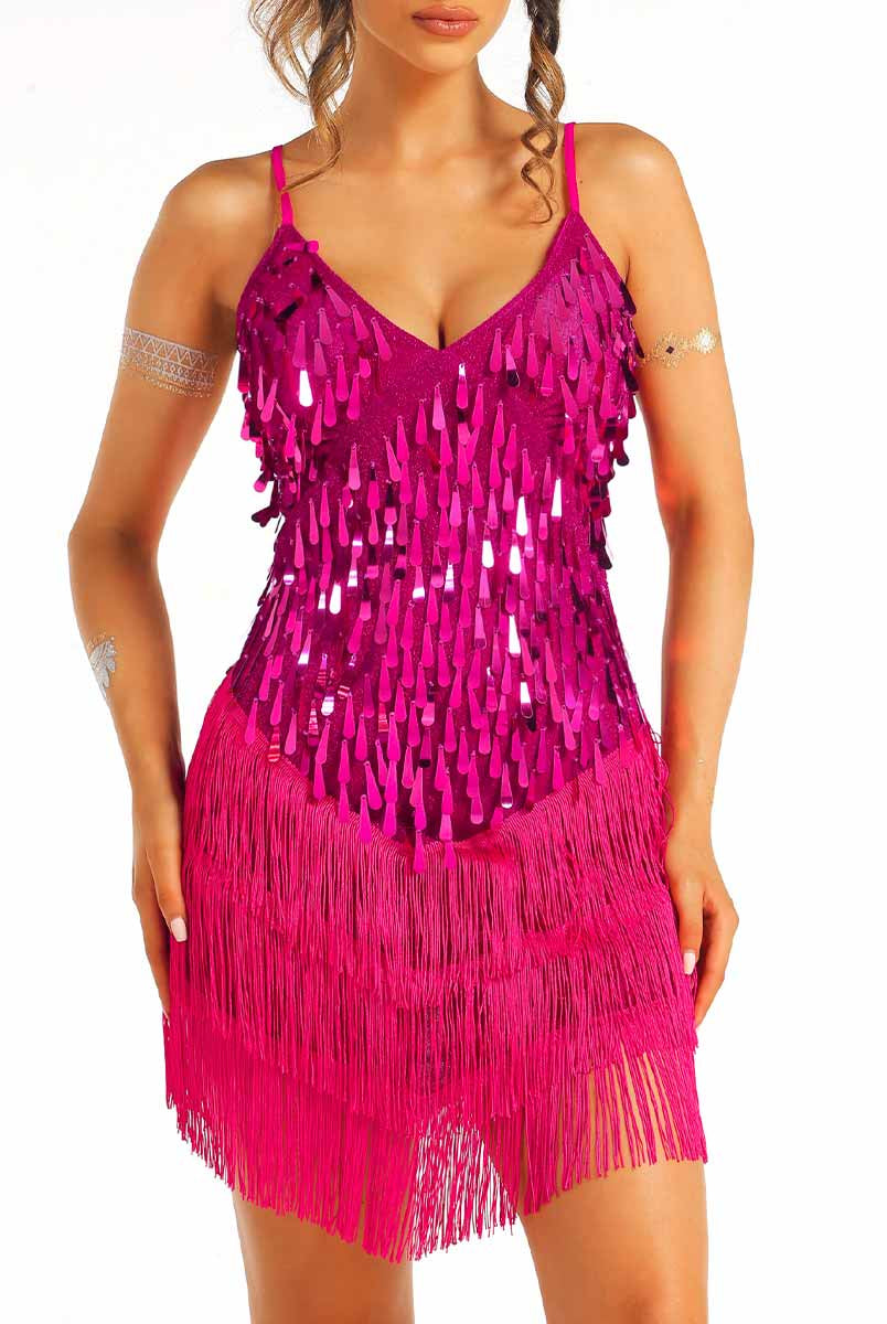 bright pink sequin fringe dress
