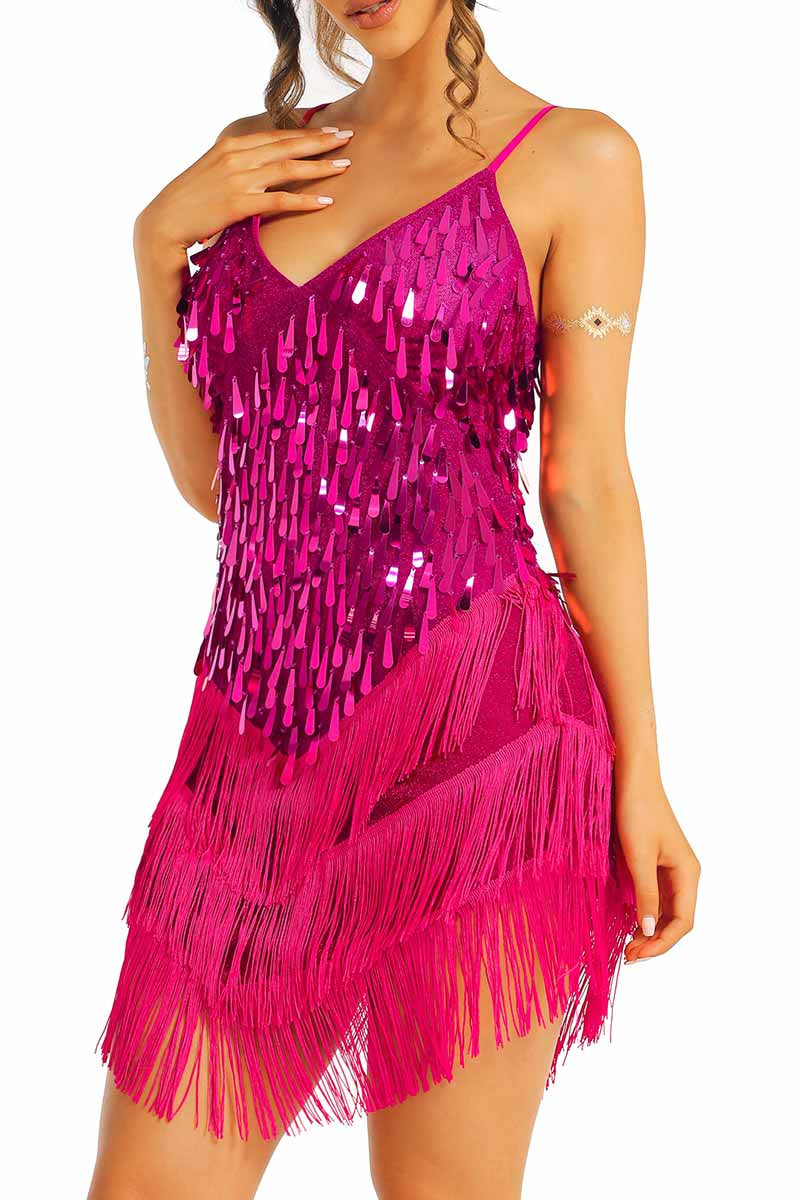 bright pink sequin tassel dress