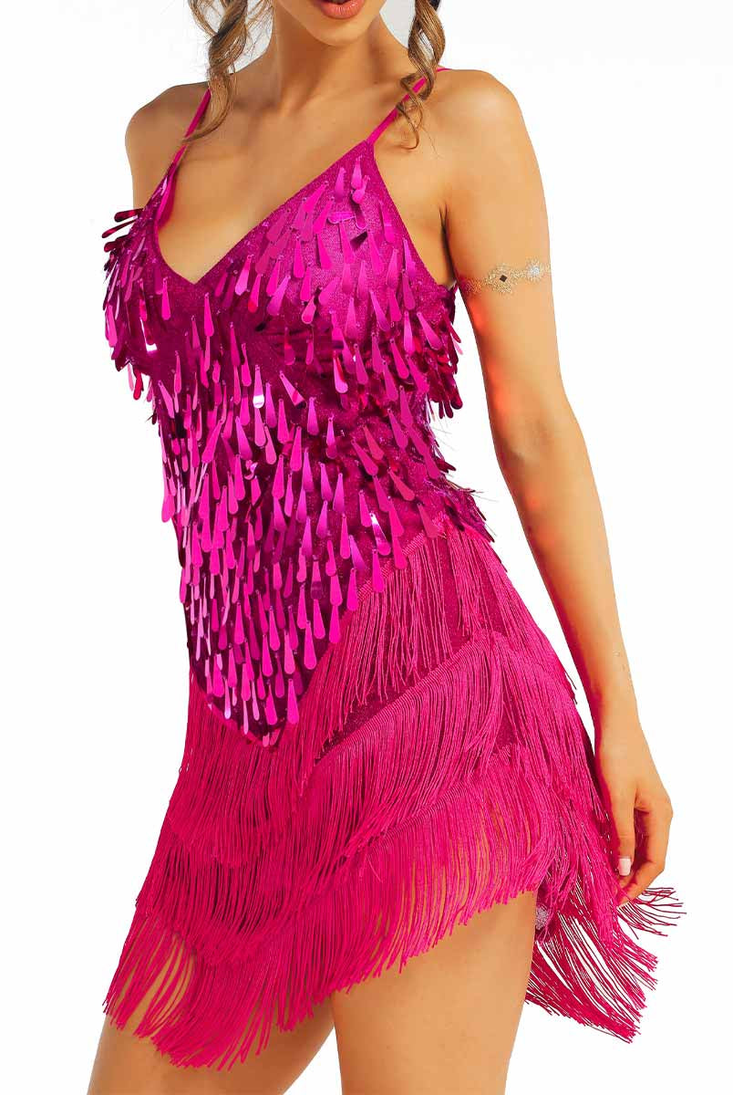 bright pink sparkly fringe dress