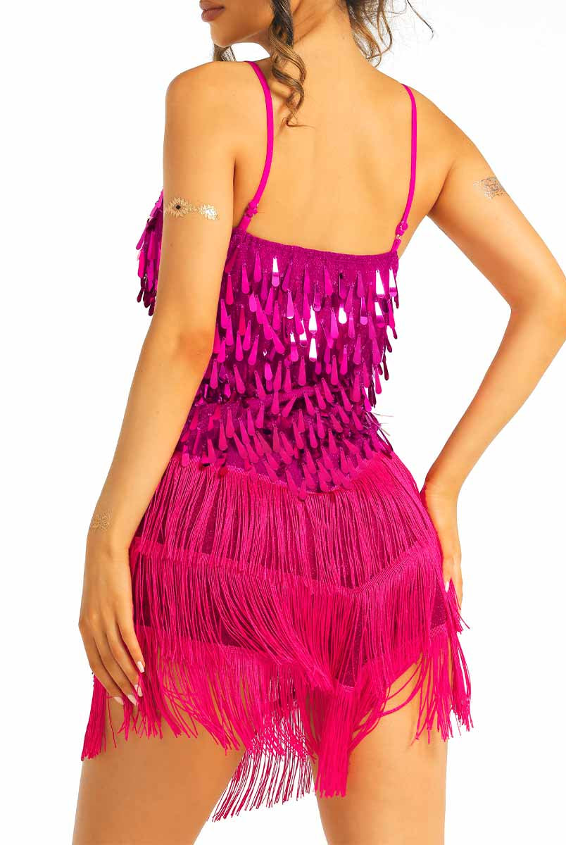 bright pink sparkly fringe slip dress