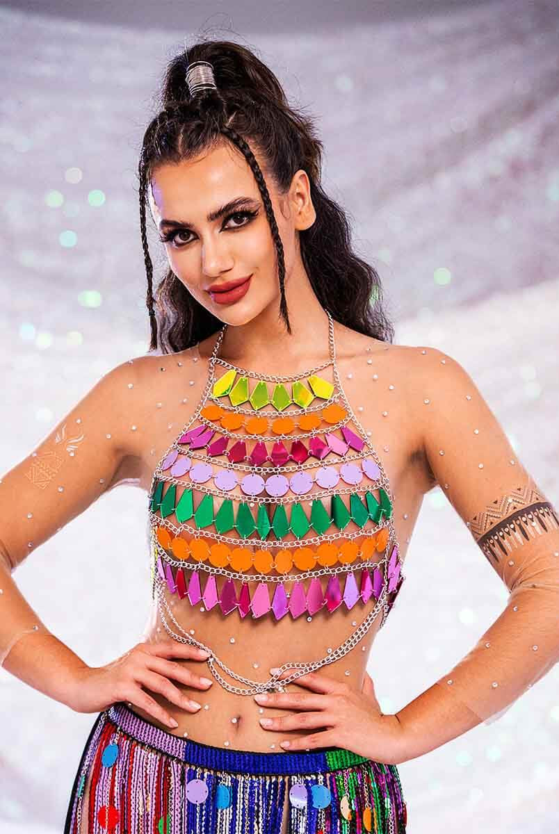 Rainbow Sequin Tank Top – Shiny Metallic Chain Vest Top