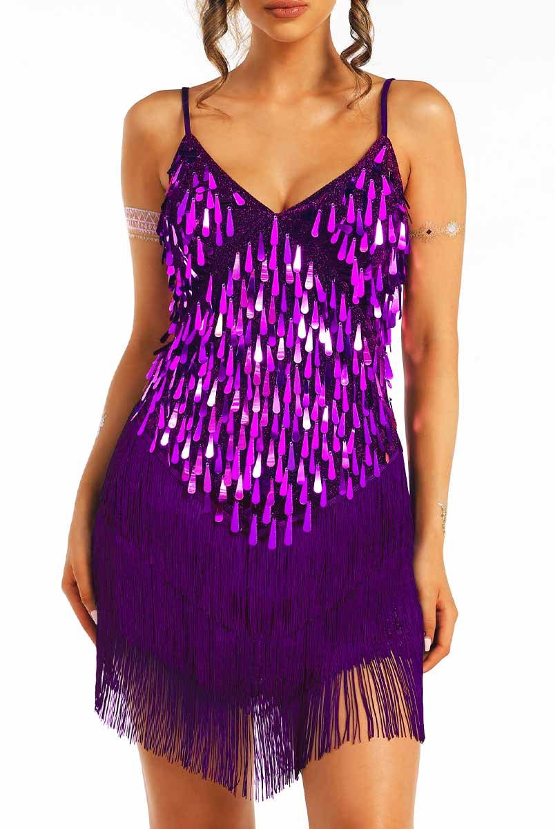 Purple Sequin Fringe Spaghetti Strap Dress