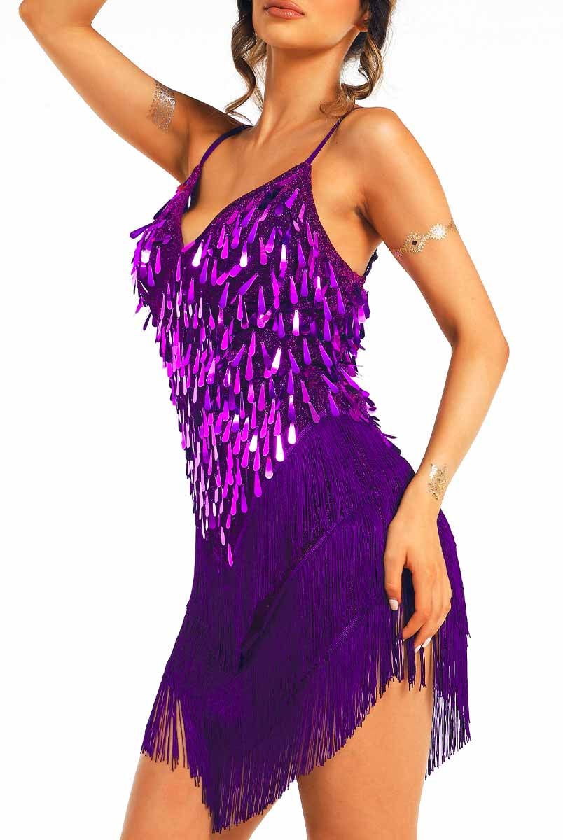 Purple Sequin Tassel Spaghetti Strap Dress