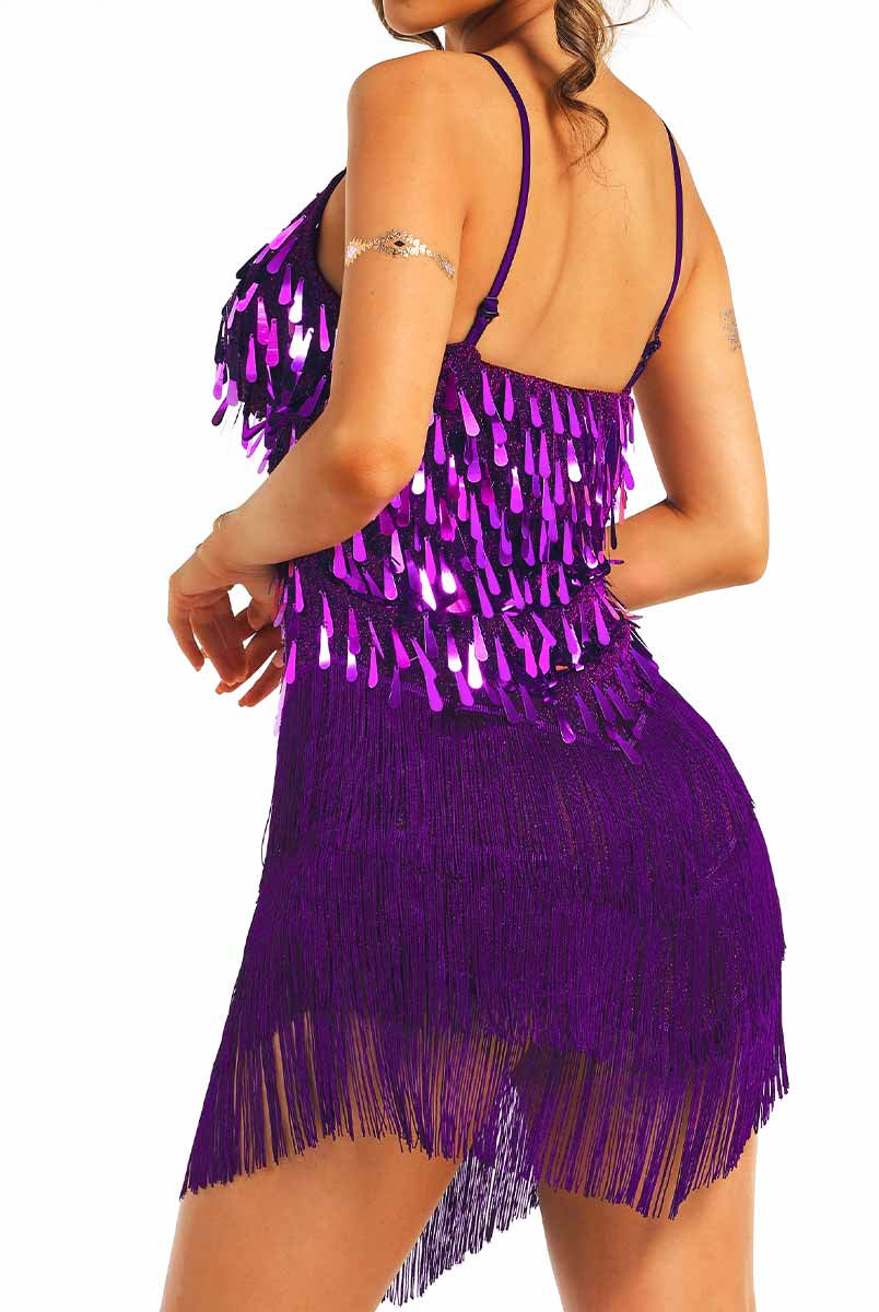 Purple Sequin Tassel V-Neck Suspender Dress