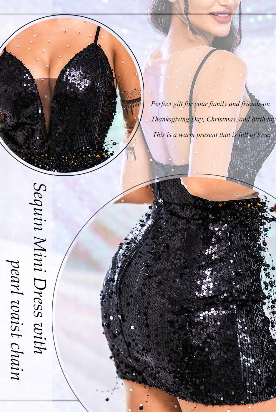 Black Glitter Strap Pearl Dress