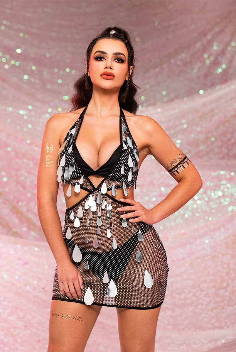Rhinestone Sequin Deep V Mini Dress