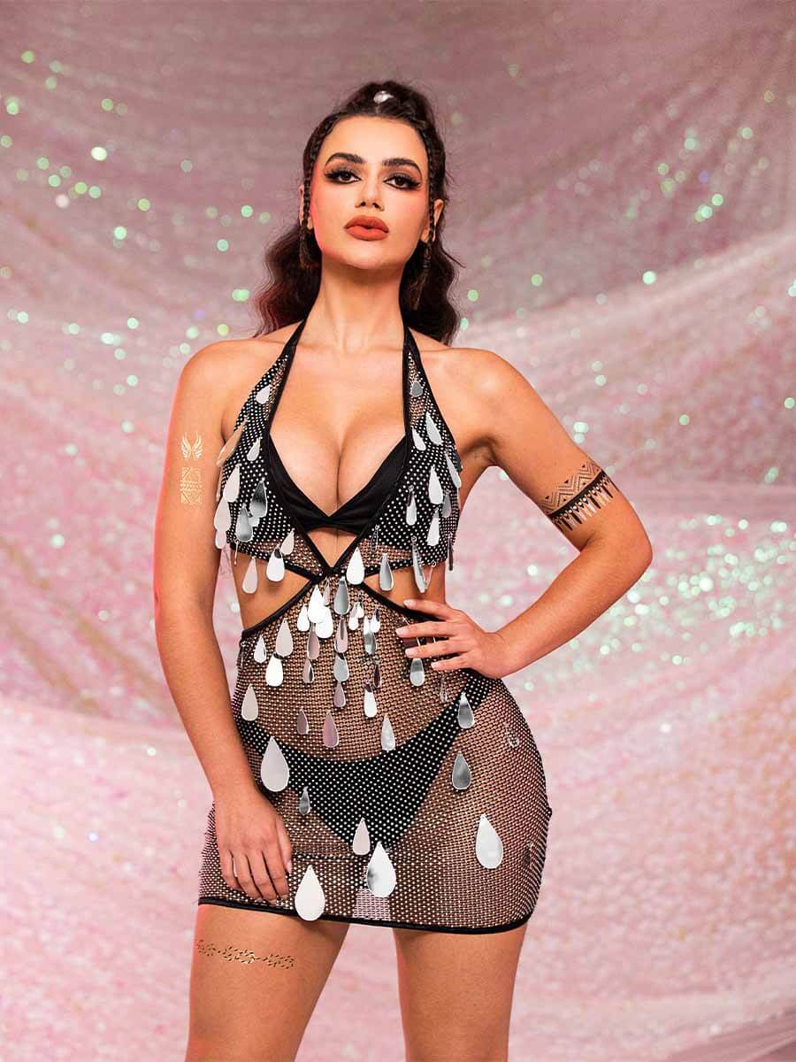 Rhinestone Sequin Deep V Mini Dress
