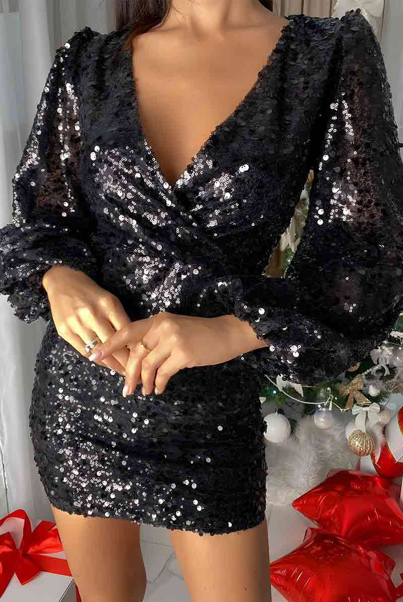 black v neck sequin mini dress