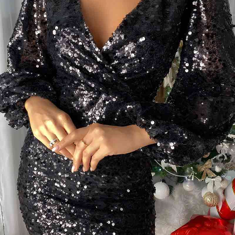 black v neck sequin mini dress
