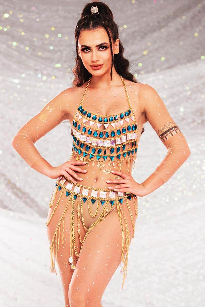 Rhinestone Top and Skirt Set - Metal Chain Crystal Set