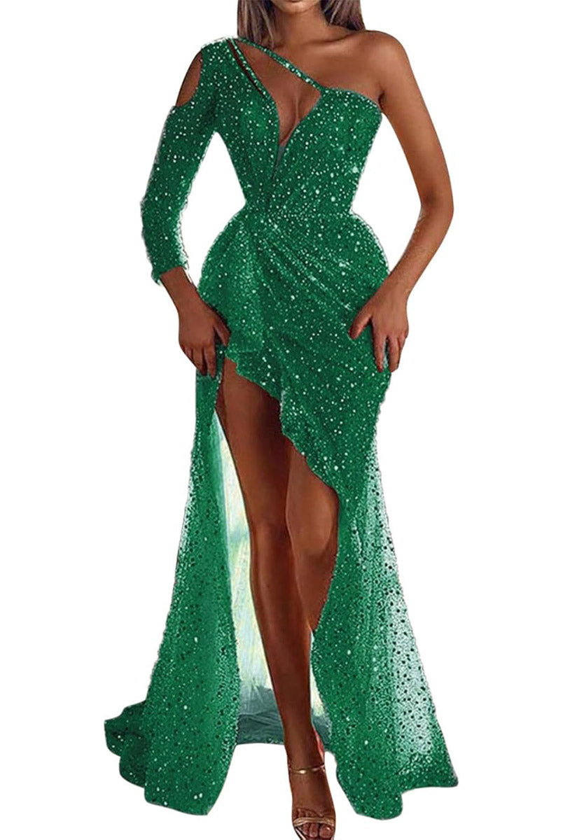 Sequin One-Sleeve Slit Party Dress