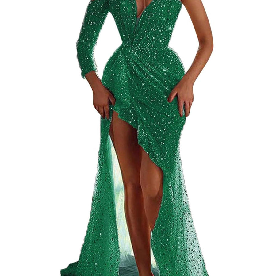 Sequin One-Sleeve Slit Party Dress
