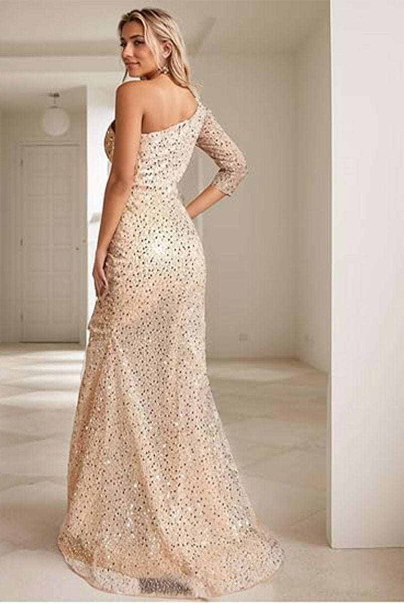 Glam Sequin Slit One-Sleeve Dress