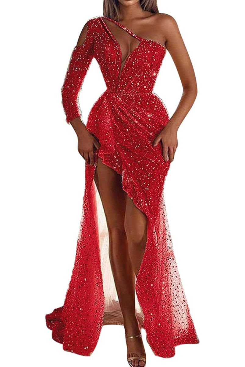 One-Sleeve Sequin Party Slit Dress