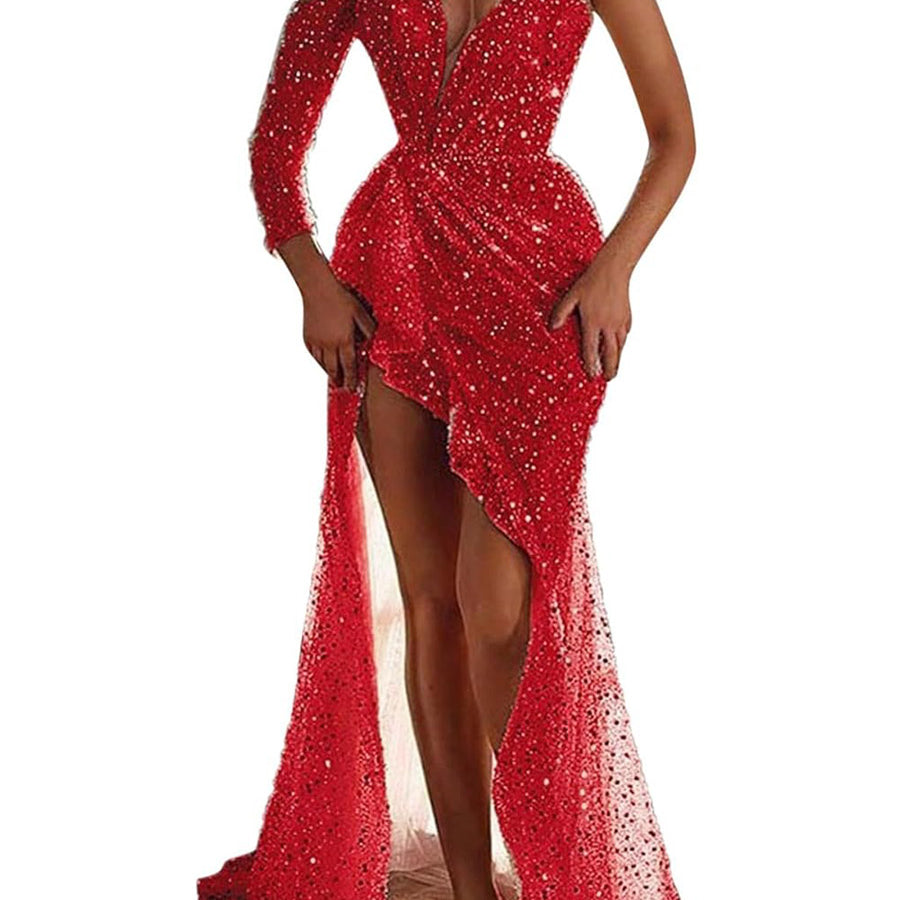 One-Sleeve Sequin Party Slit Dress