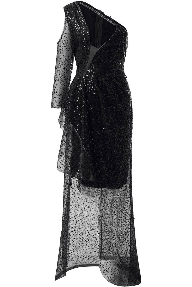Slit Sequin Glam One-Sleeve Dress