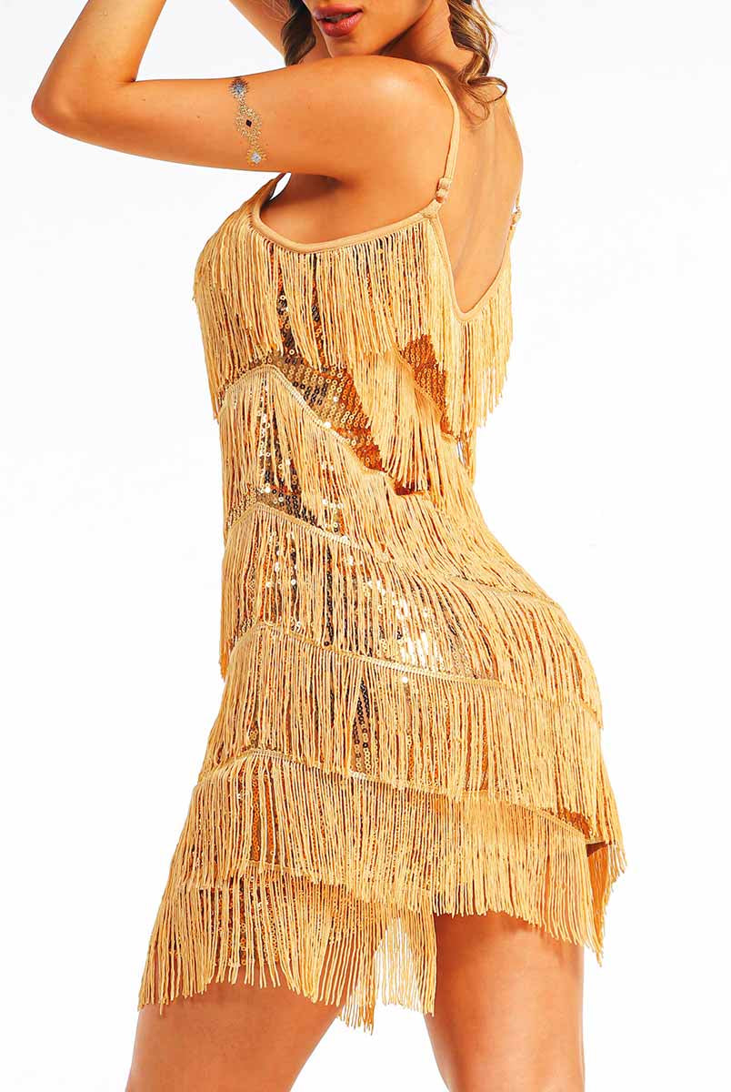 gold sequin fringe slip dress