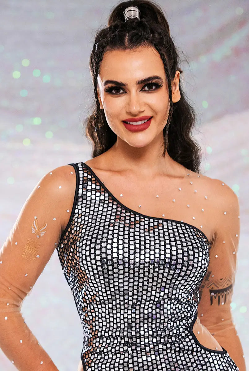 Silver Sequin Mini Dress: One-Shoulder & Cutouts