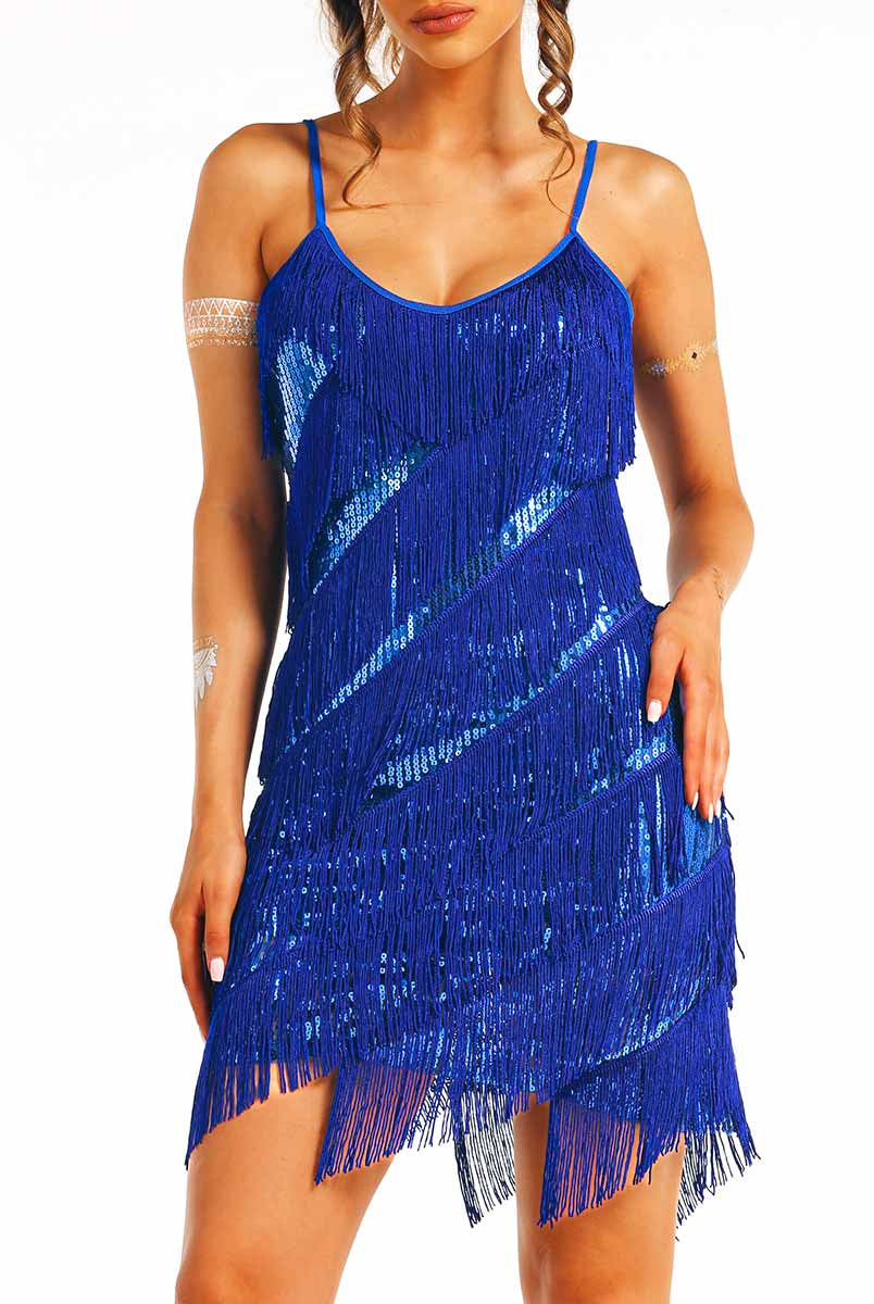 Blue Sequin Fringe Dress (Slim Fit)