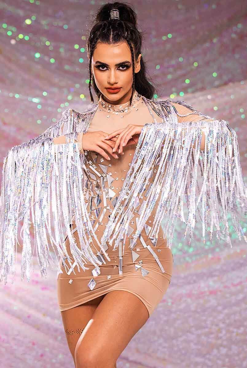 silver sequin tassel dress