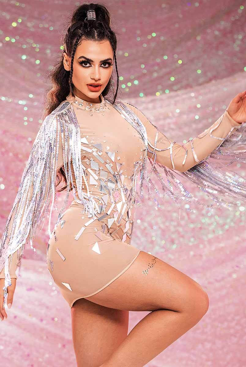 Silver Tassel Dress - Sequin Tassel Mini Dress - Mirror Dress With Rhinestones