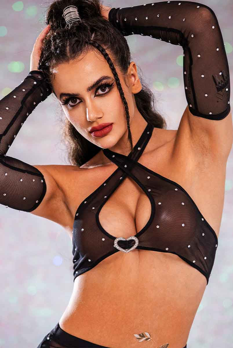 Rhinestone Mesh Set - Sleeves + Halter Bra + Skirt Suit