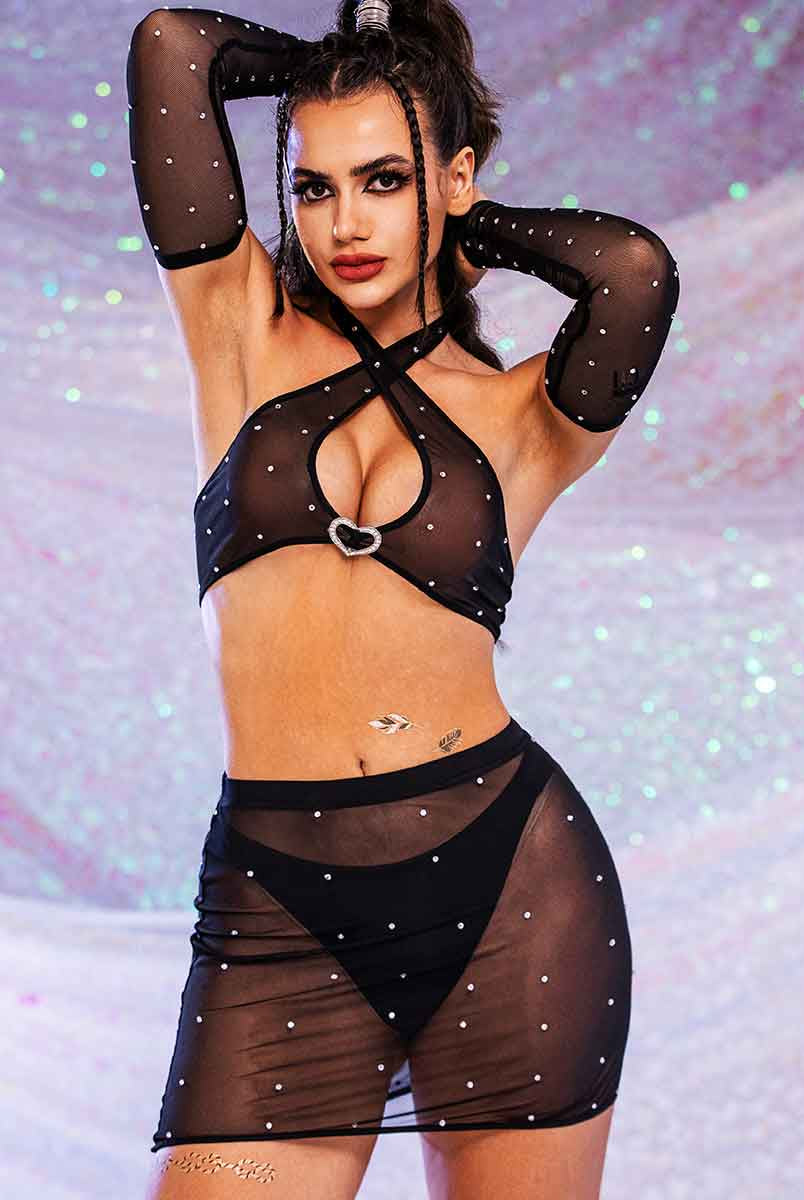 Sleeves And Halter Bra And Rhinestone Skirt Set